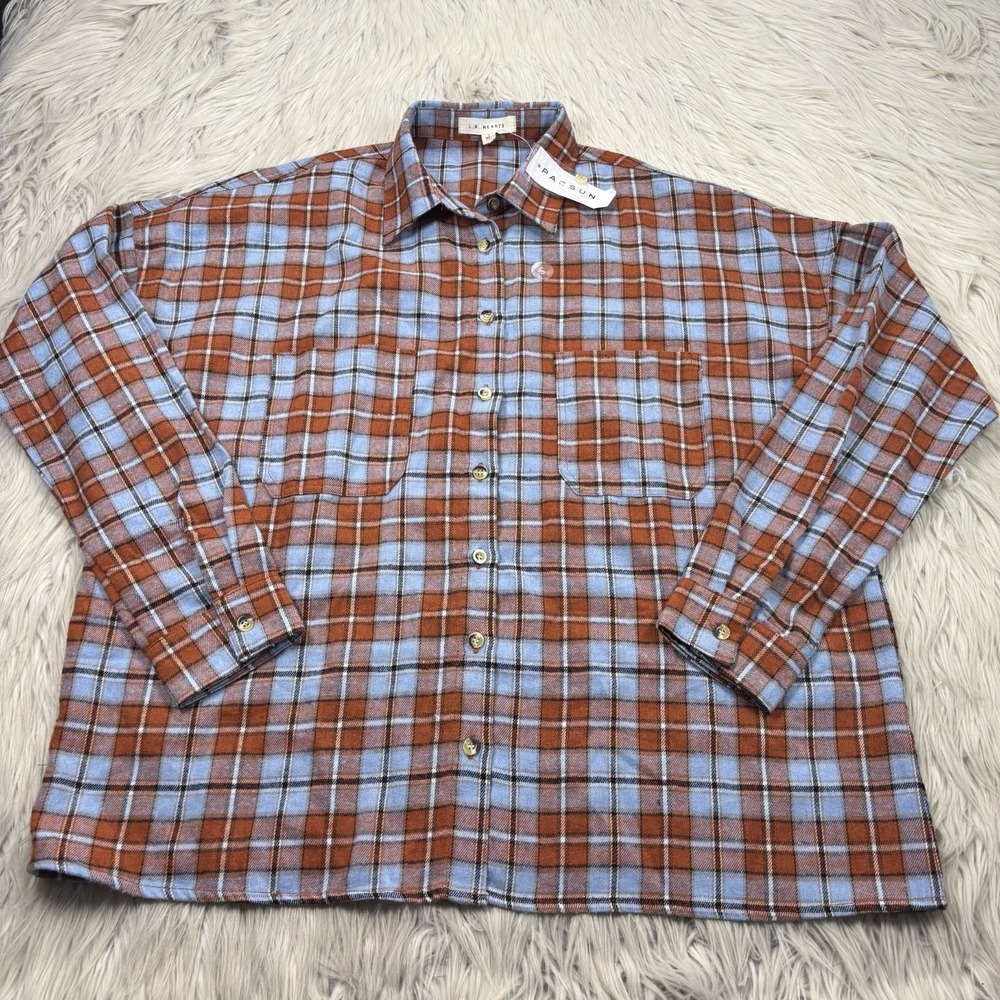 NWT Pacsun LA Hearts Women's S Blue Orange Plaid Button Front Flannel Shirt